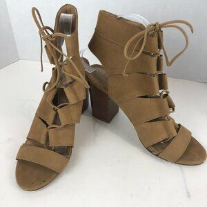 Splendid Tan leather tie peep toe block heel sandals US 8
